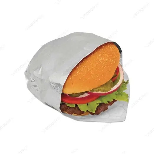 Burger wrapped in aluminum food wrap on a white background